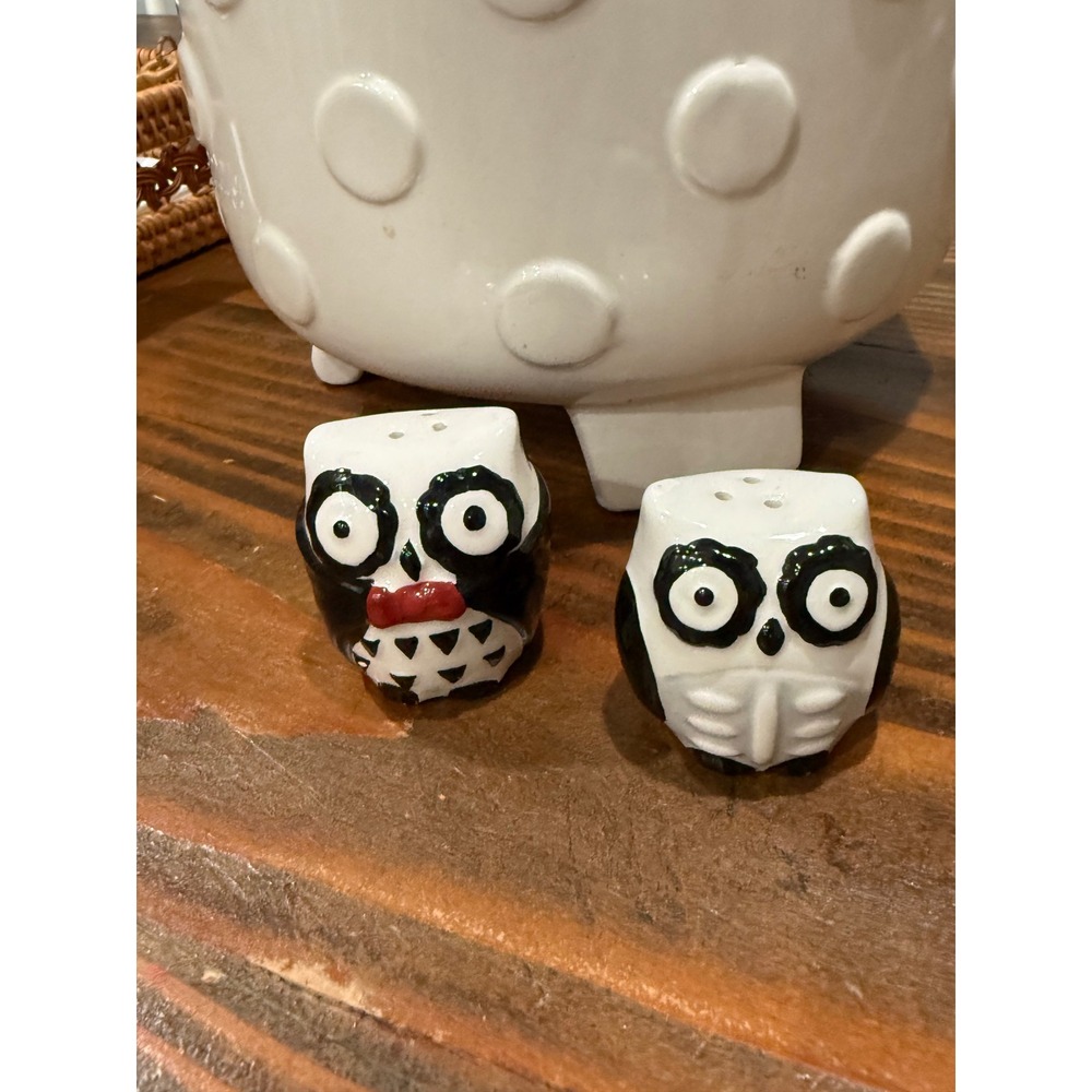 Vintage Style Ceramic Owl Salt and Pepper Shakers Set Black White Red Bow Tie
